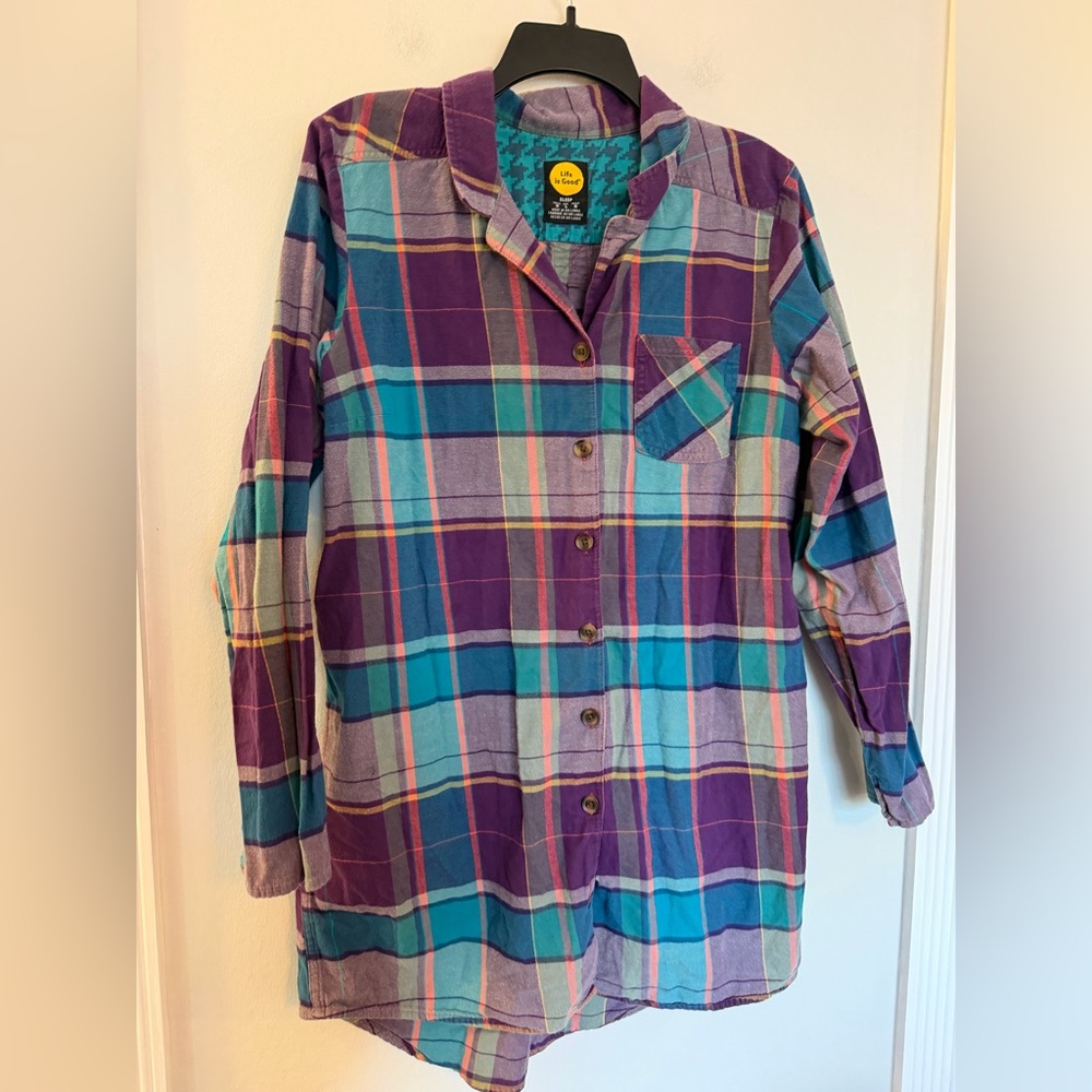 Life is Good Purple Plaid Flannel Button Down Nightgown - Size Large